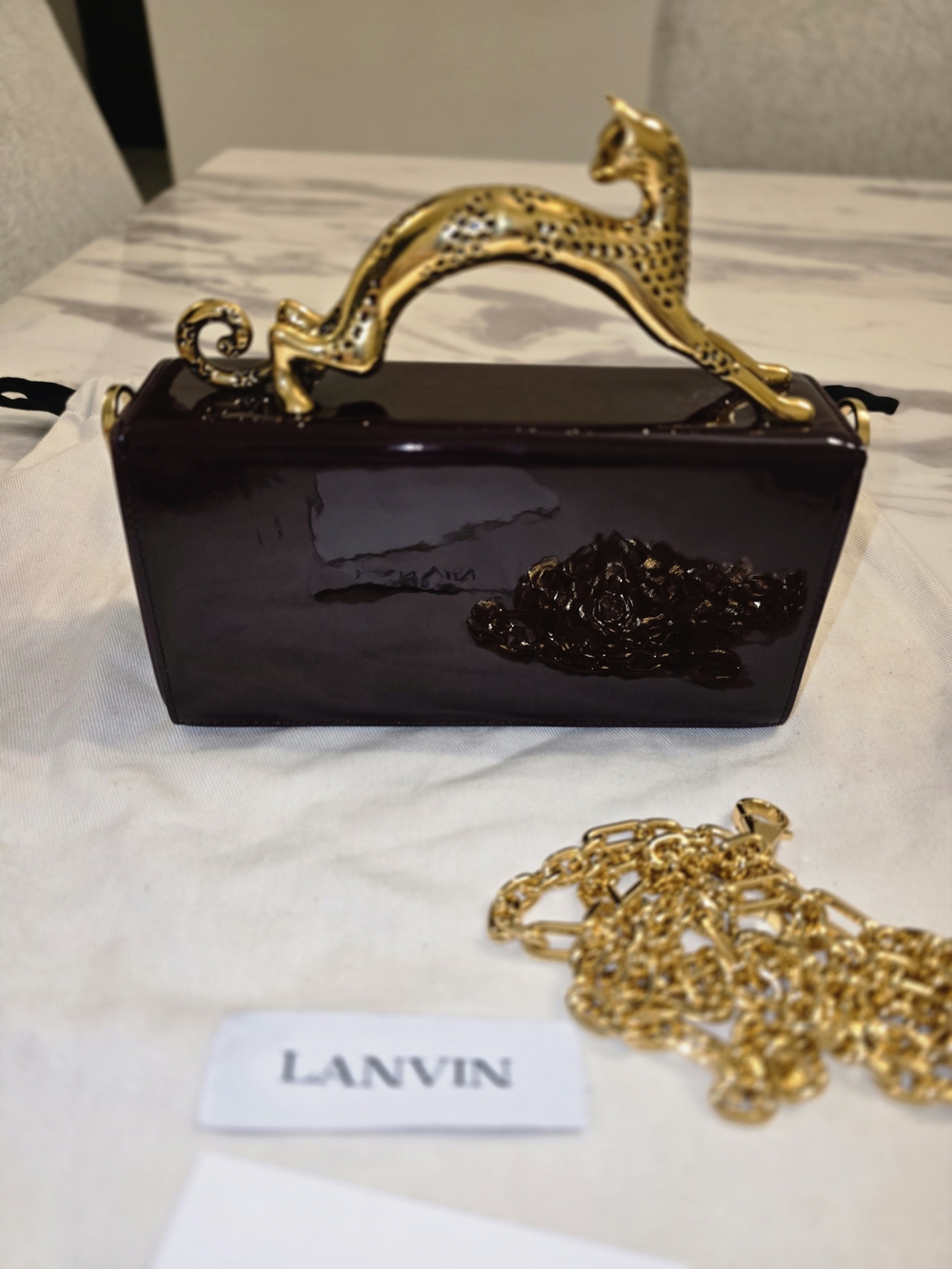 Lanvin Patent Mini Bag in Deep Plum with Gold Cat Handle - Picture 5 of 16